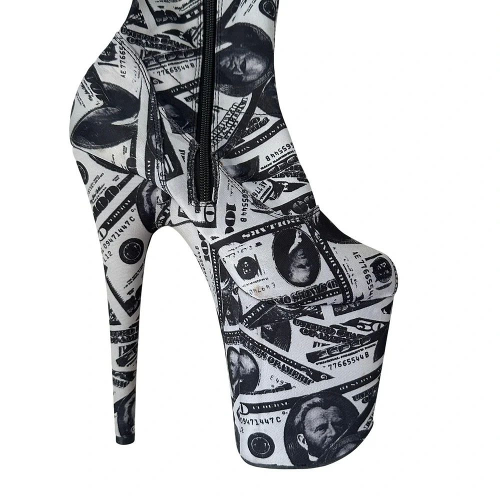 Pleaser Flamingo-3000DP Money Print Thigh High Platform Boots Black White 8 Inch